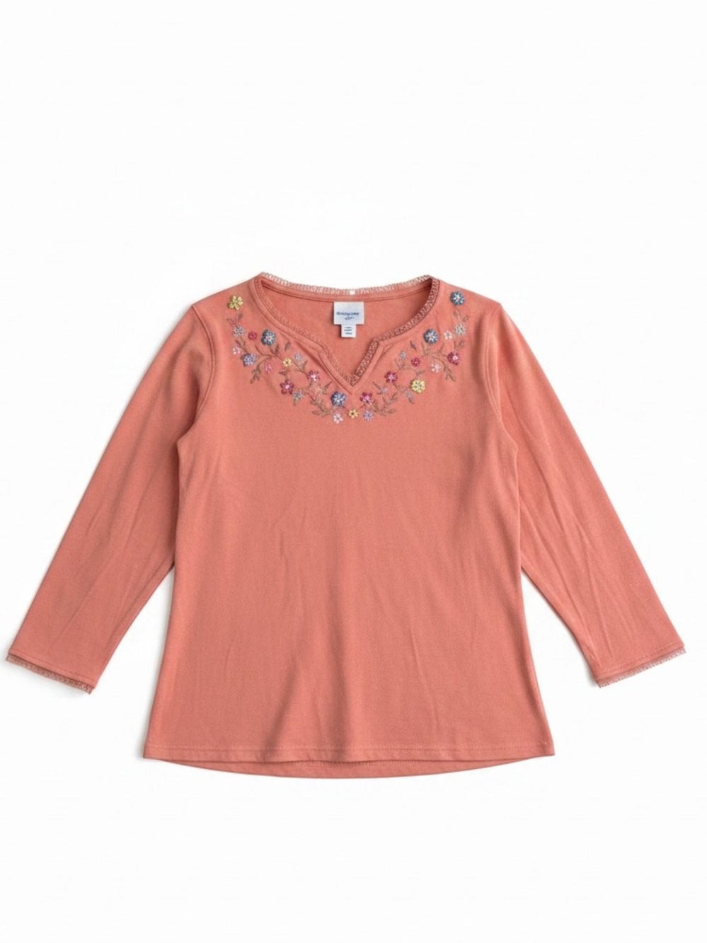 Studio Collection VTG Woman’s V-Neck 3/4 Sleeve Coral Tee Floral Accent EUC SZ L